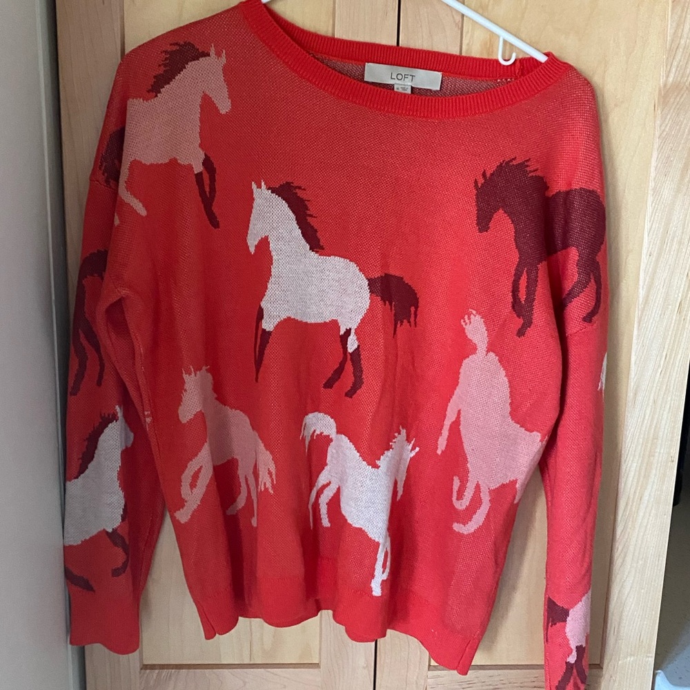 Loft red sweater with horses